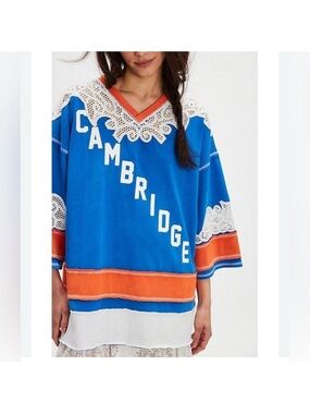 We The Free blue shirt with Orange Trim and White Lace